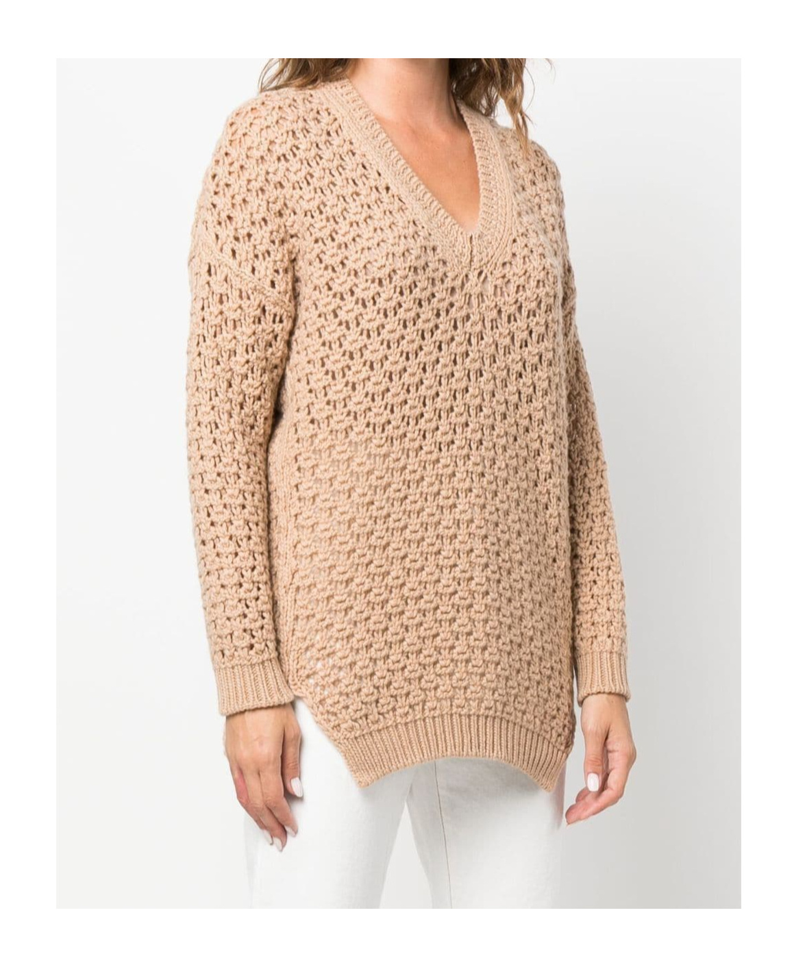 Agnona Beige Open-knit Sweater With V-neckline In Nude