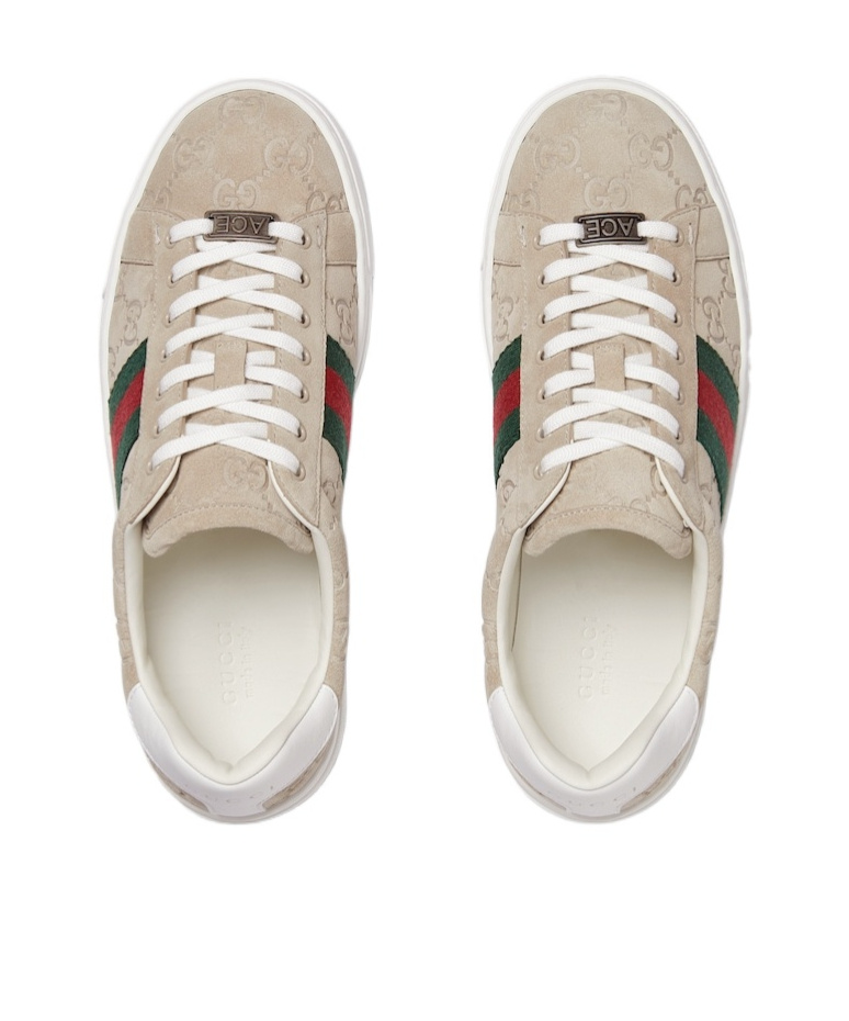 Gucci Beige Low Top Sneakers With Web Detail On The Side And Ace Plaque On The Front In Gg Canvas Wo In Nude