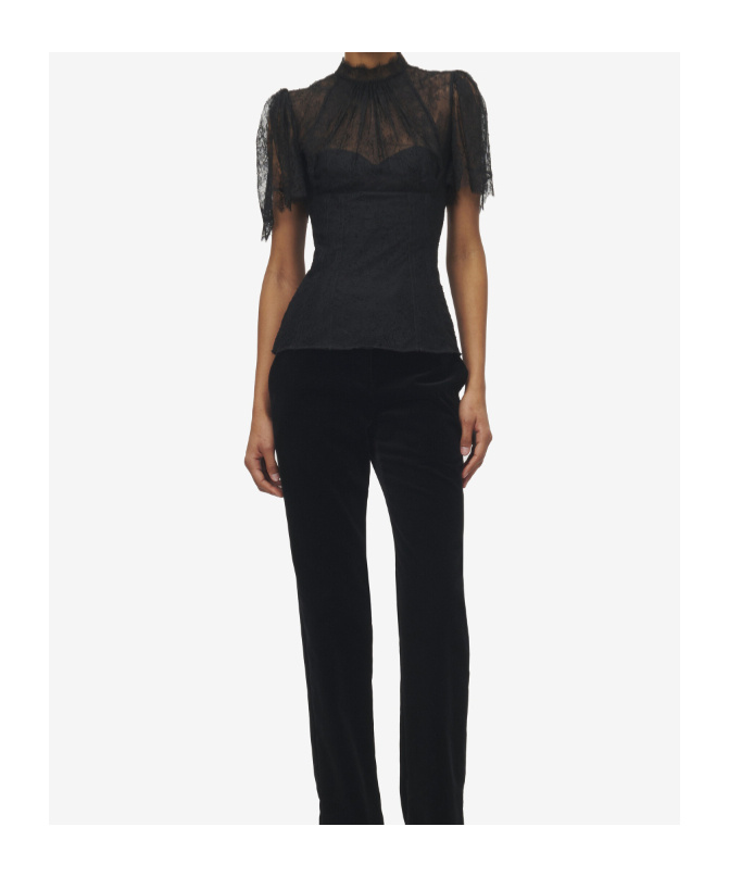 Alexander Mcqueen High Neck Sheer Lace Short Sleeve Top In Black