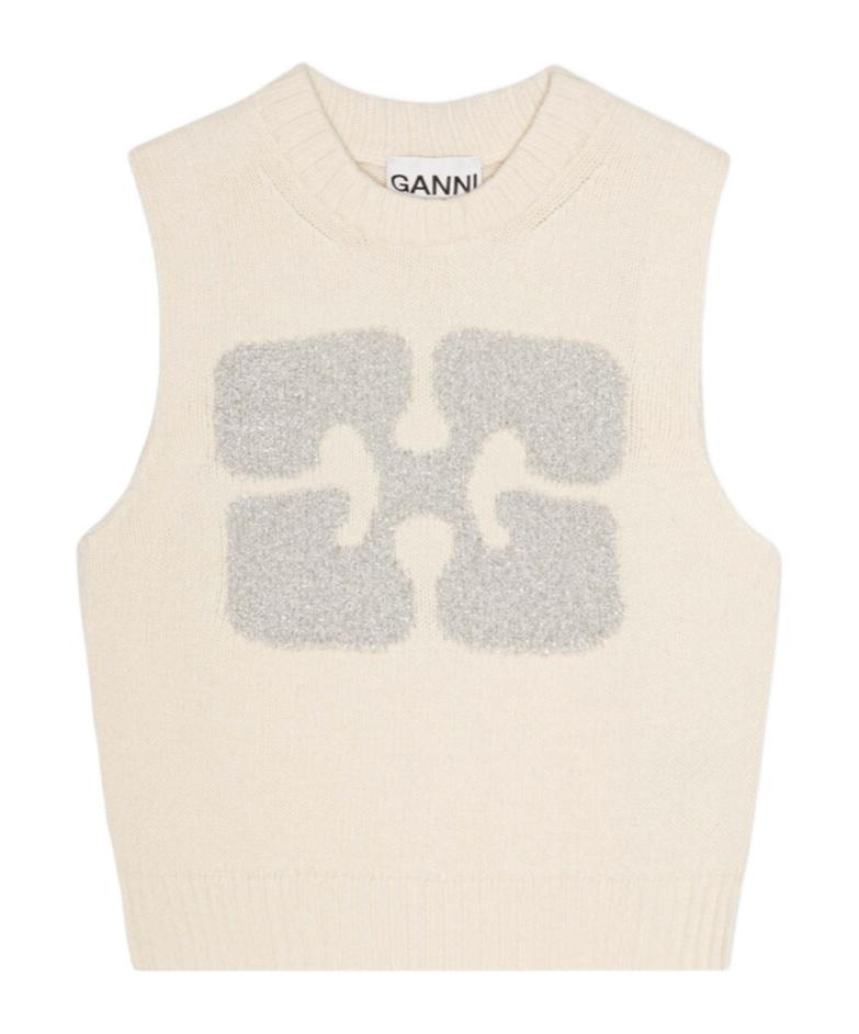Ganni Beige Recycled Wool Blend Vest With Contrasting Front Logo In White