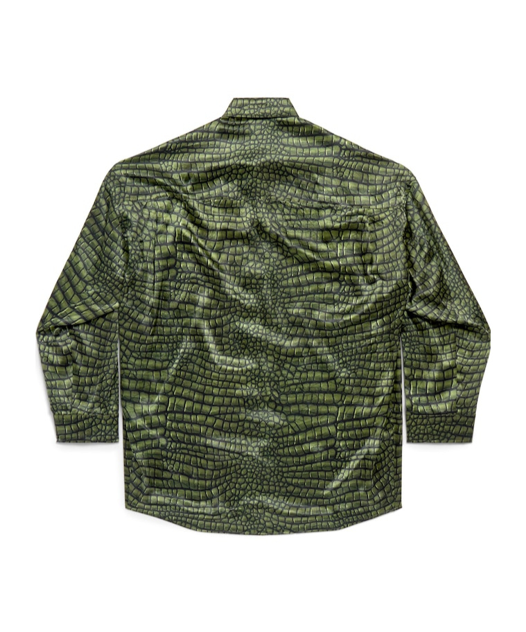 Balenciaga Crocodile Print Satin Button Down Cocoon Blouse In Green
