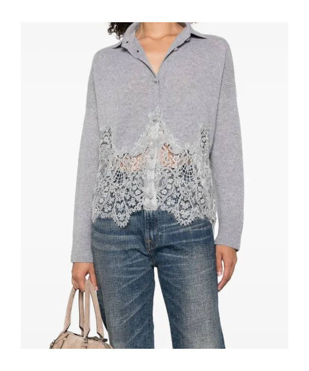 Ermanno Scervino Lace-trimmed Cashmere Cardigan In Gray
