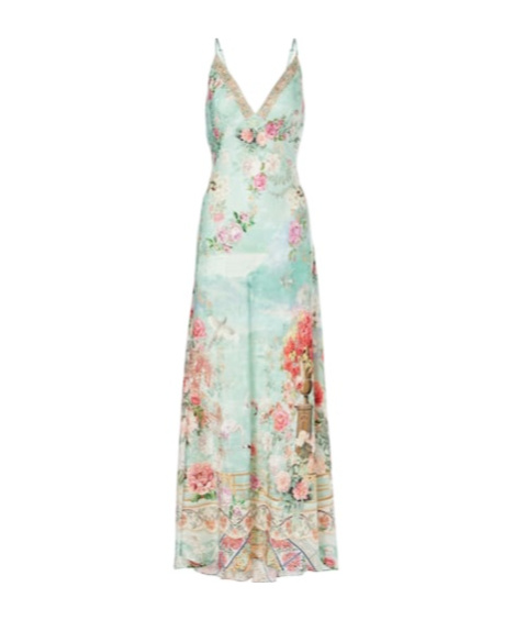 Camilla Printed Ruffled Satin Slip Dress In Green