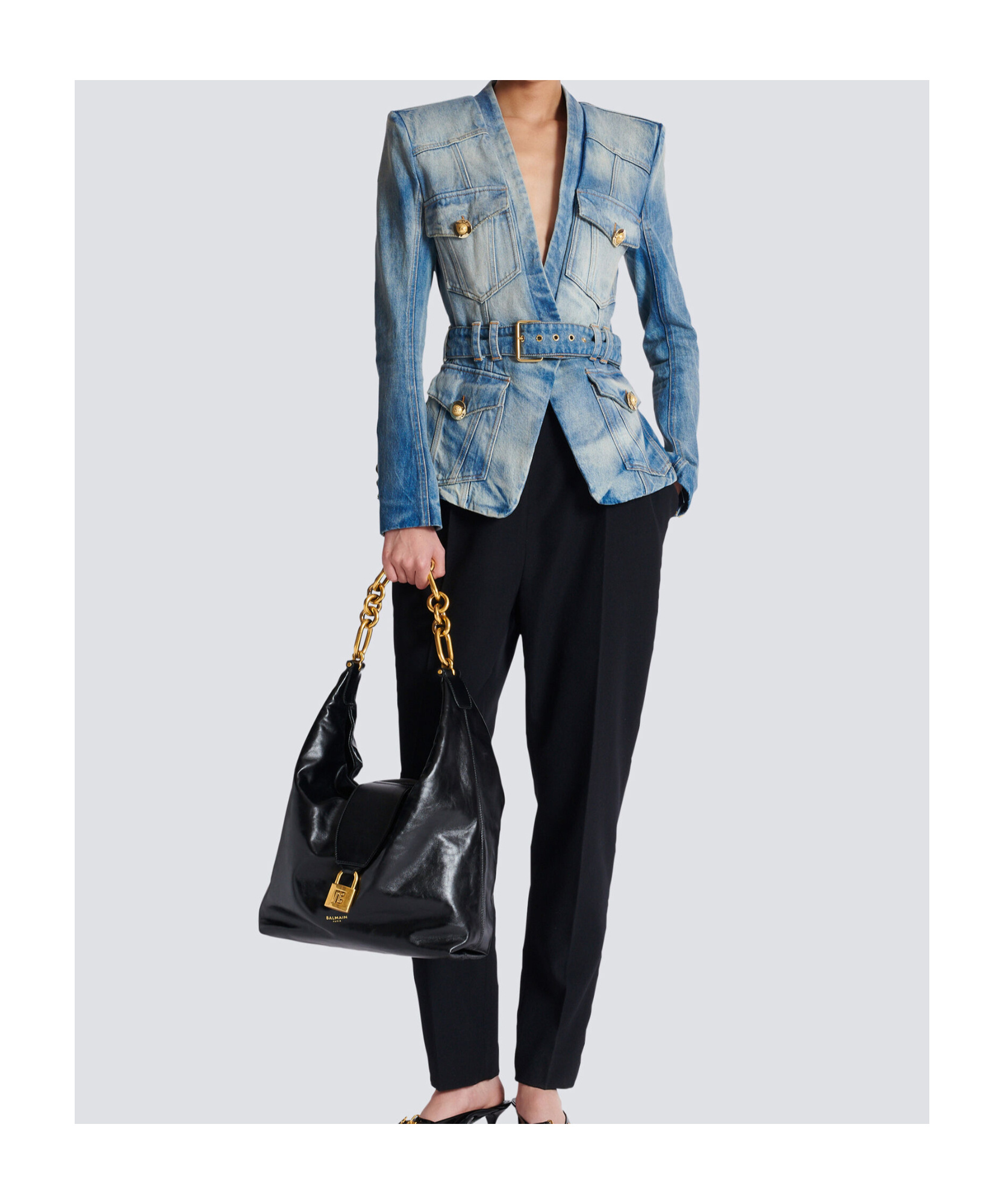Balmain 1-button Belted Denim Jacket In Blue