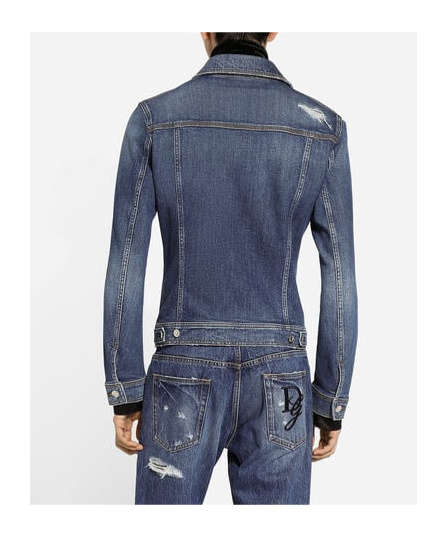Dolce & Gabbana Blue Jacket With Classic Collar And Rips In Denim Stretch Man In Blue
