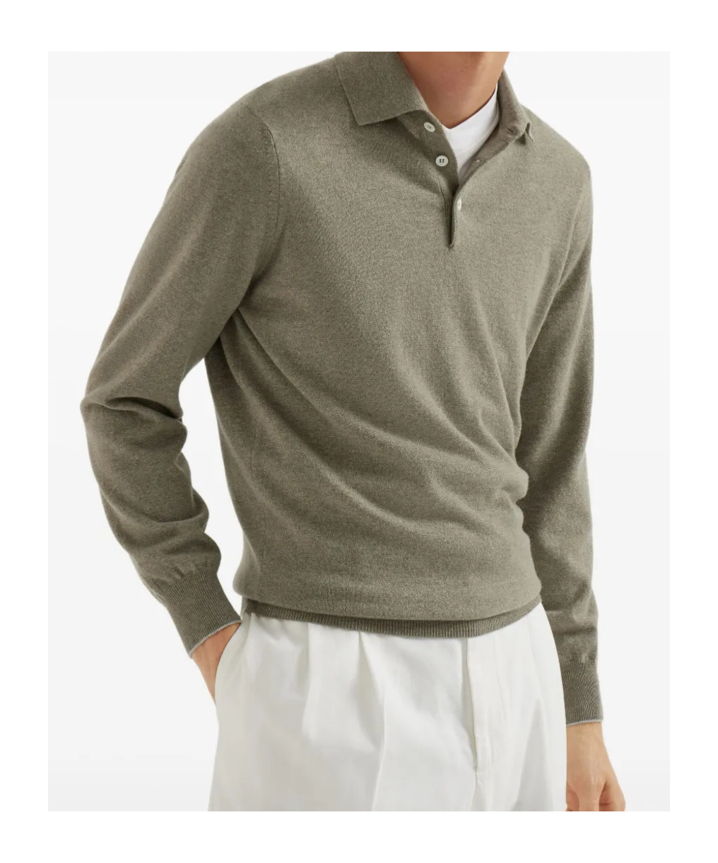 Brunello Cucinelli Cashmere Long Sleeve Polo Shirt In Green
