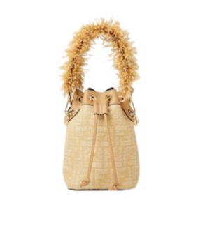 Shop Fendi Jacquard Fabric Mini-bag With Raffia Ff In Beige