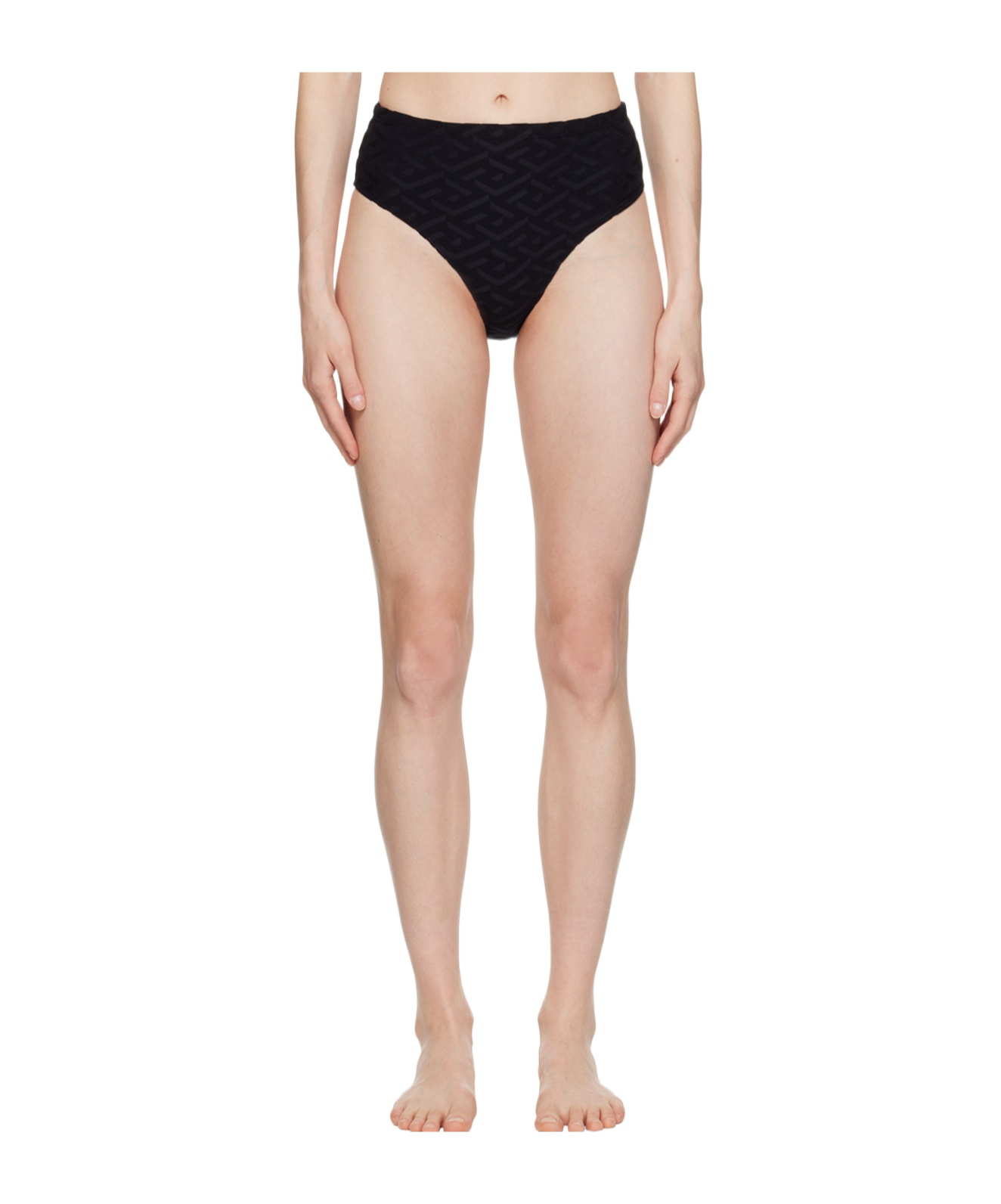 Versace Debossed-monogram High-waisted Bikini Bottom In Nude
