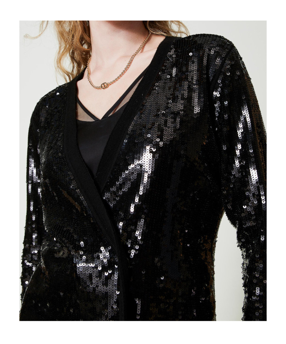 Shop Twinset Sequinned Double-breasted Cardigan In Black