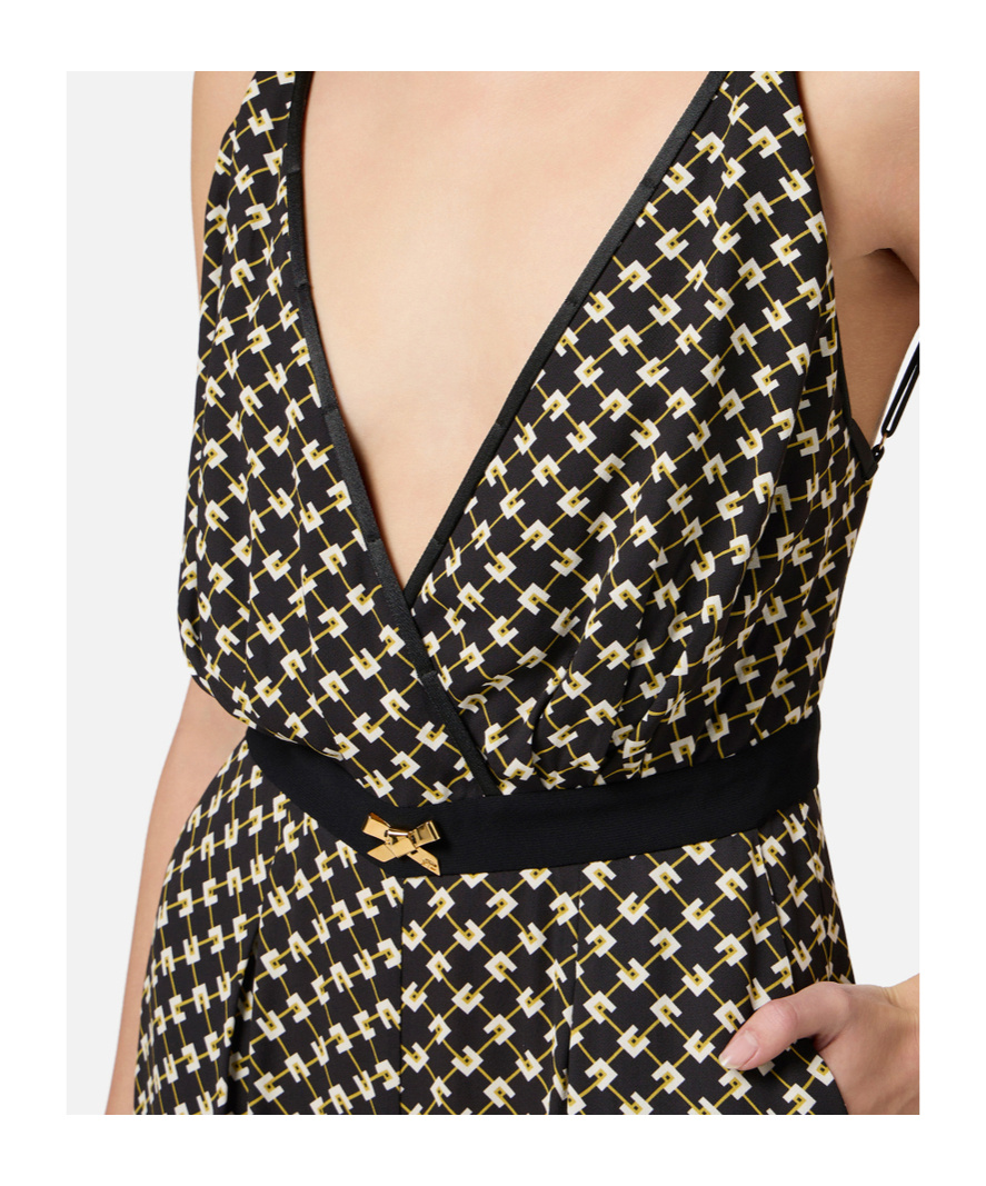 Elisabetta Franchi Black Diamond Print Georgette Jumpsuit In Black