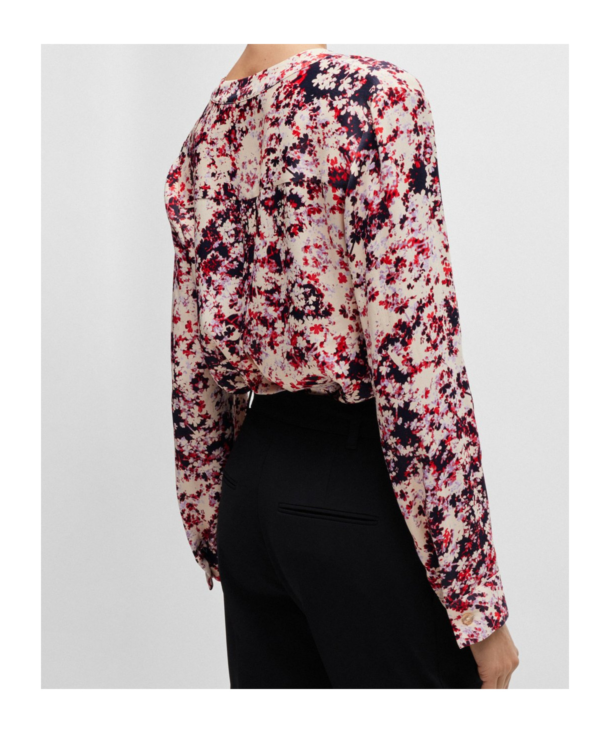 Hugo Boss Floral-print Blouse In Satin With Notch Neckline In Nude