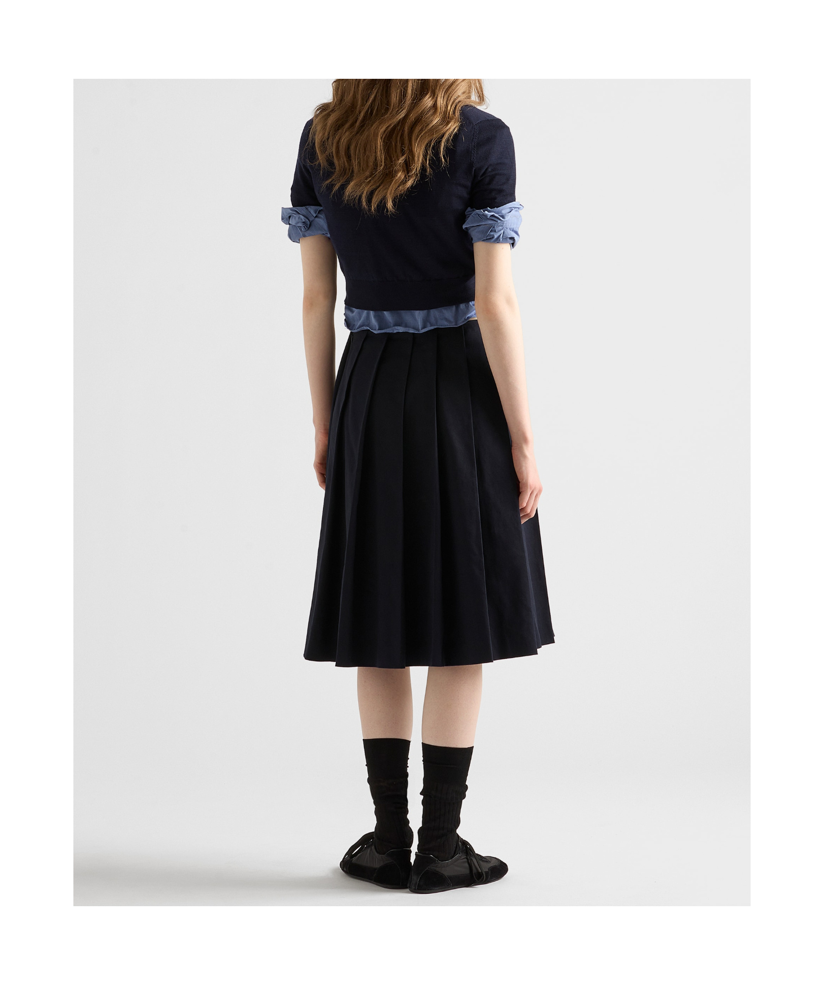 Prada Womens Blue Pleated Lace-up Stretch-cotton Midi Skirt In Navy Blue