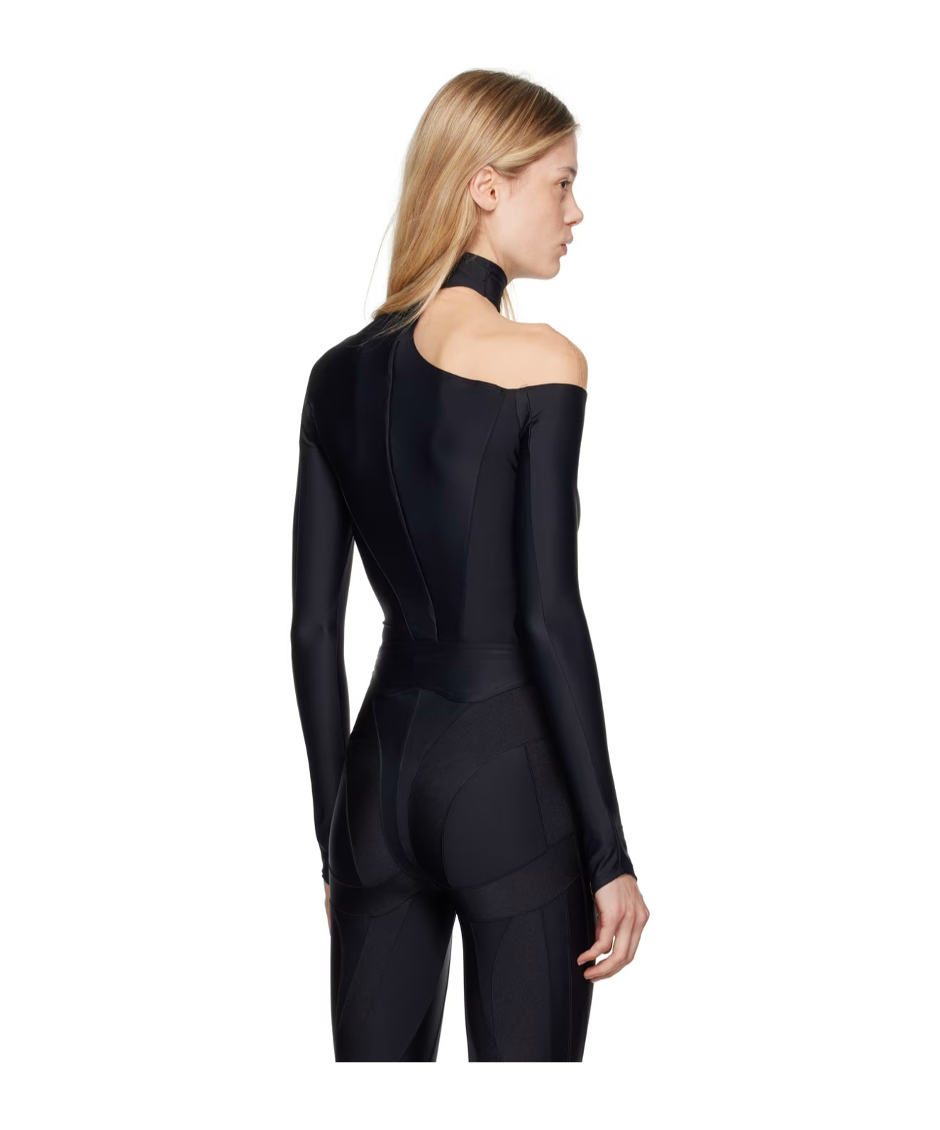 Mugler Black & Beige Asymmetrical Illusion Bodysuit In Black