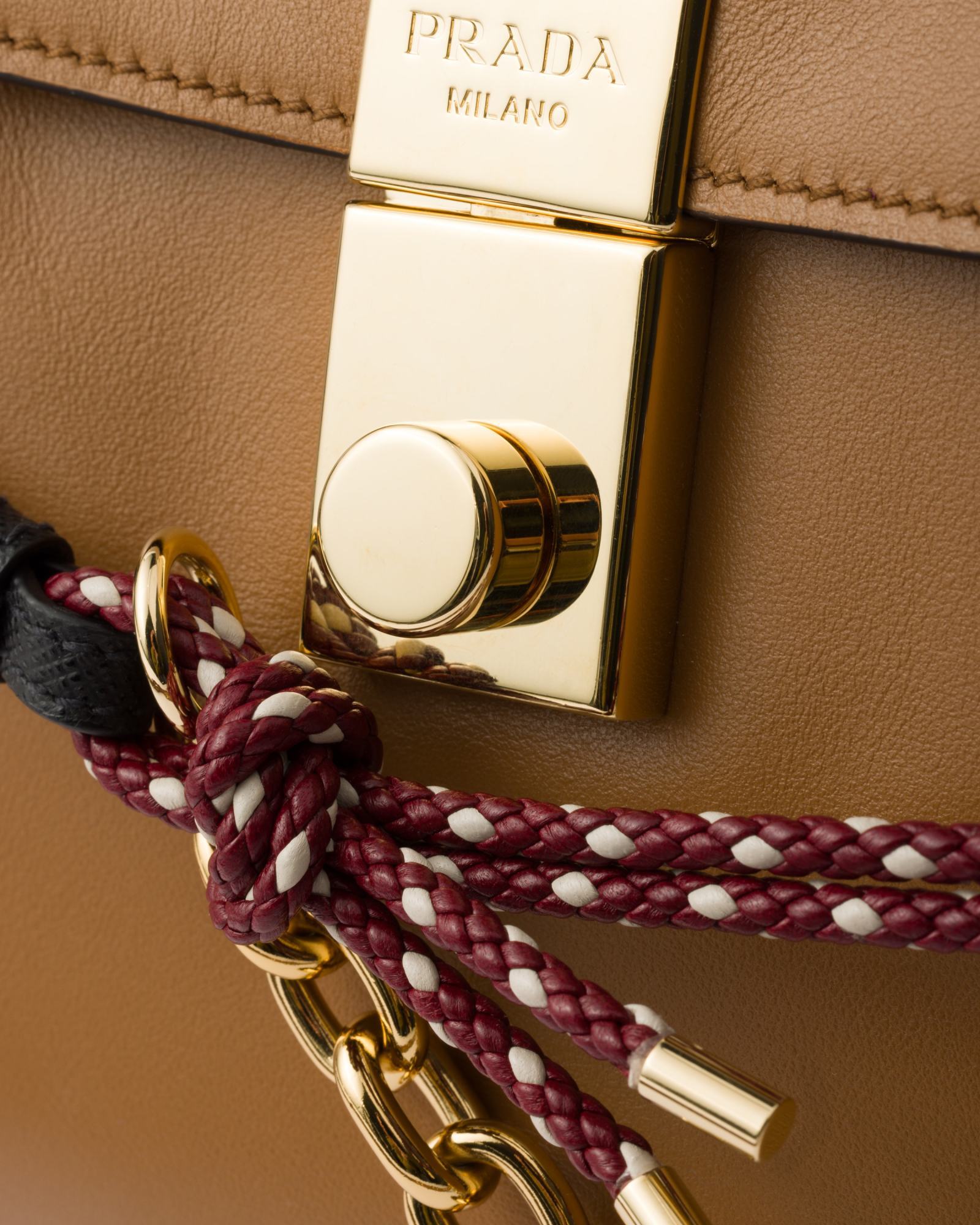 Prada Soft Sound Large Caramel Bag With Charms In Brown