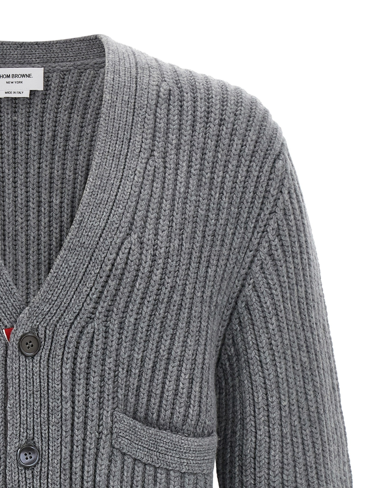 Thom Browne Striped V-neck Cardigan Front Pockets In Gray