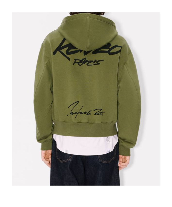 Kenzo Zip-up Hoodie With Front Pockets And Graphic Print In Green