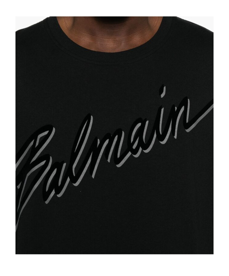Balmain Men Black T-shirt With Logo Lettering On The Front In Cotton Man In Black