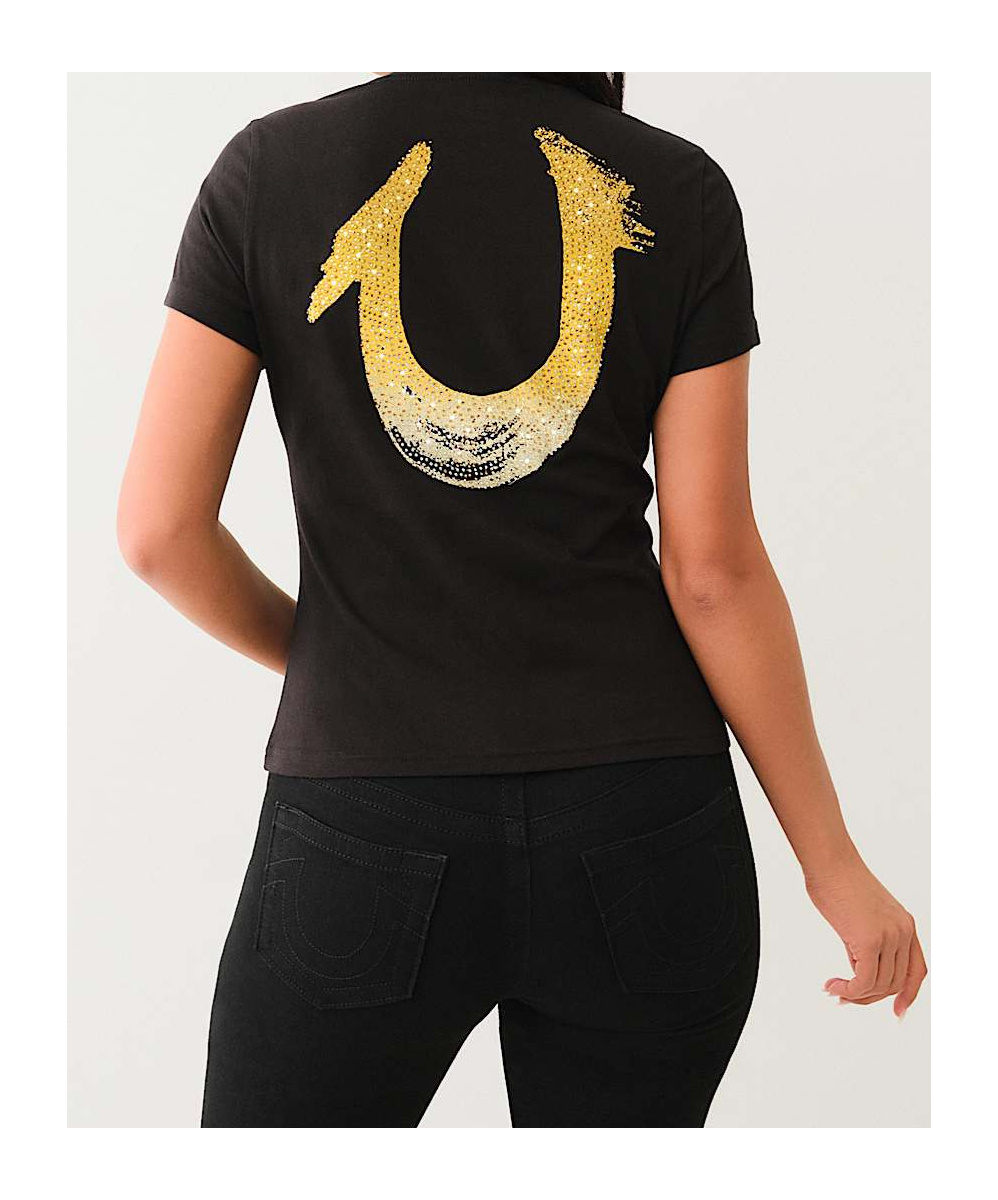 TRUE RELIGION CRYSTAL OMBRE HORSESHOE V NECK TEE 