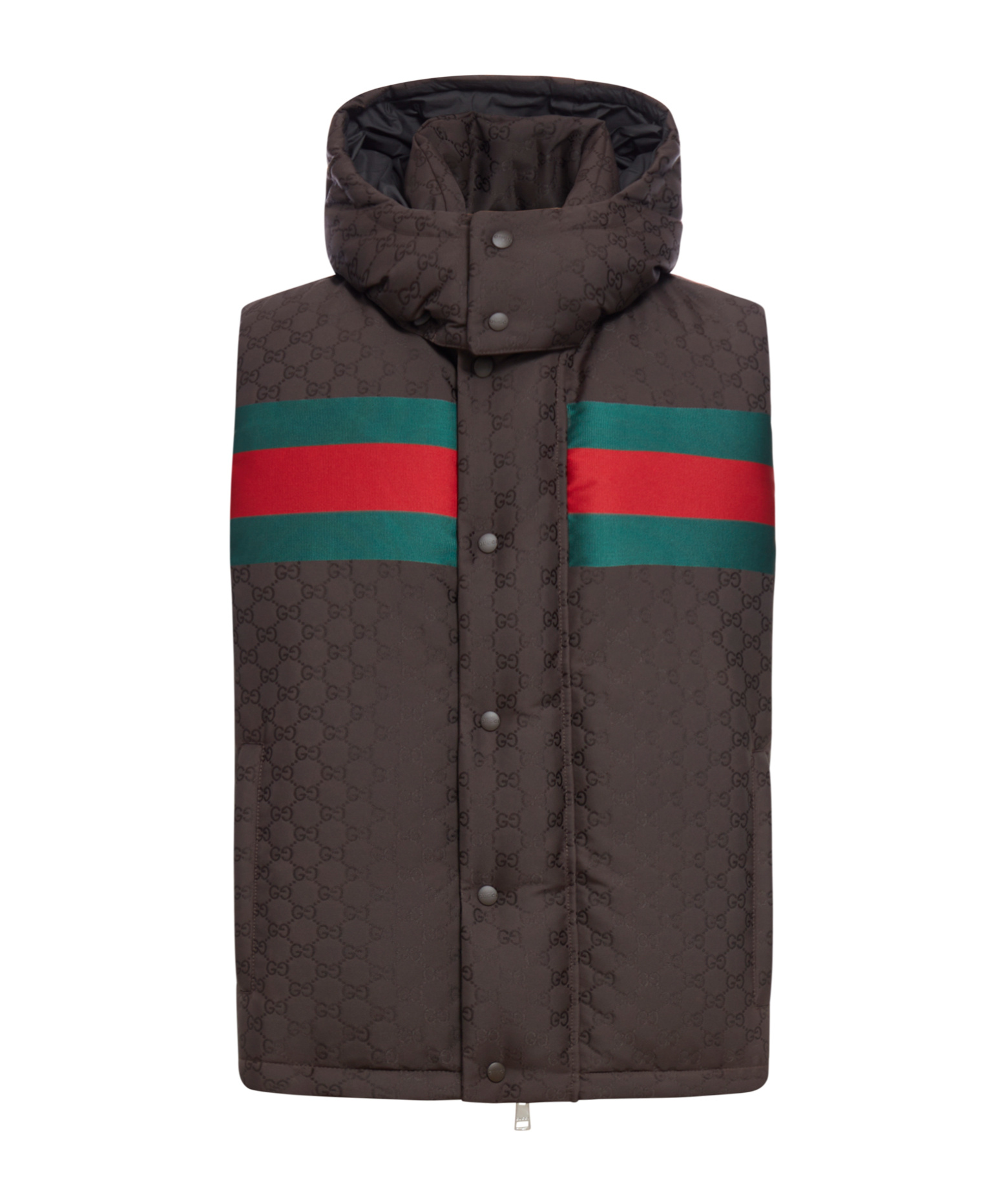 Gucci Dark Brown Gg Polyester Blend Sleeveless Down Jacket In Black