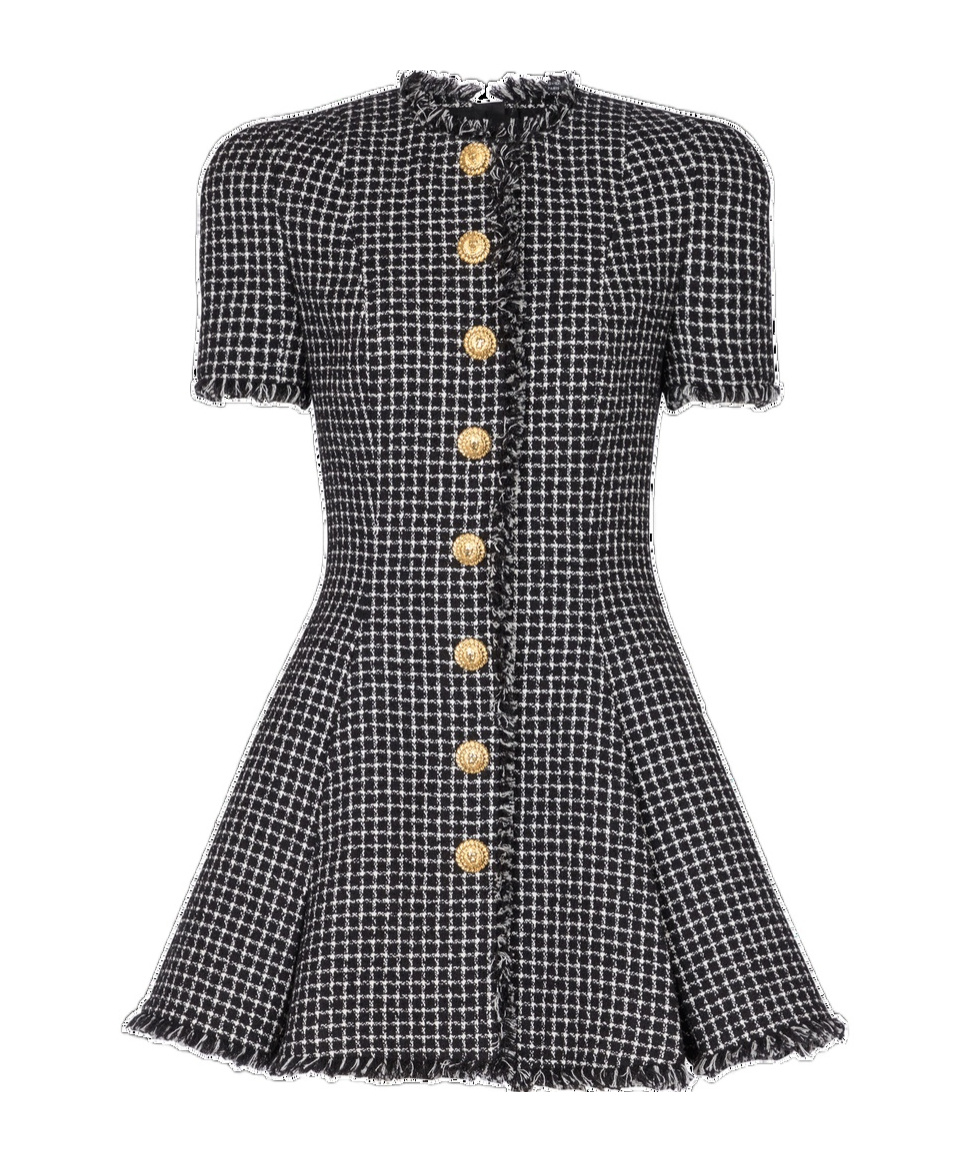Balmain Pleated Cotton-blend Tweed Minidress In Black