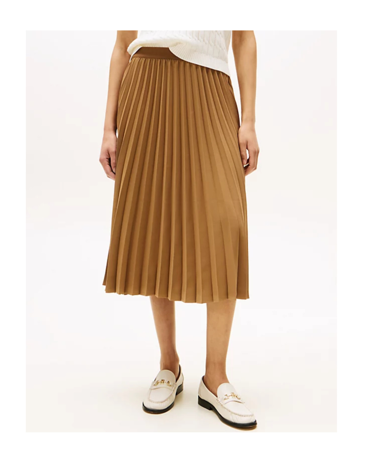 Tommy Hilfiger Logo Waistband Pleated Midi Skirt In Brown