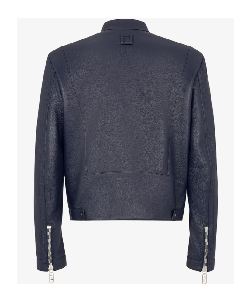 Fendi Logo Zipper Leather Jacket In Black