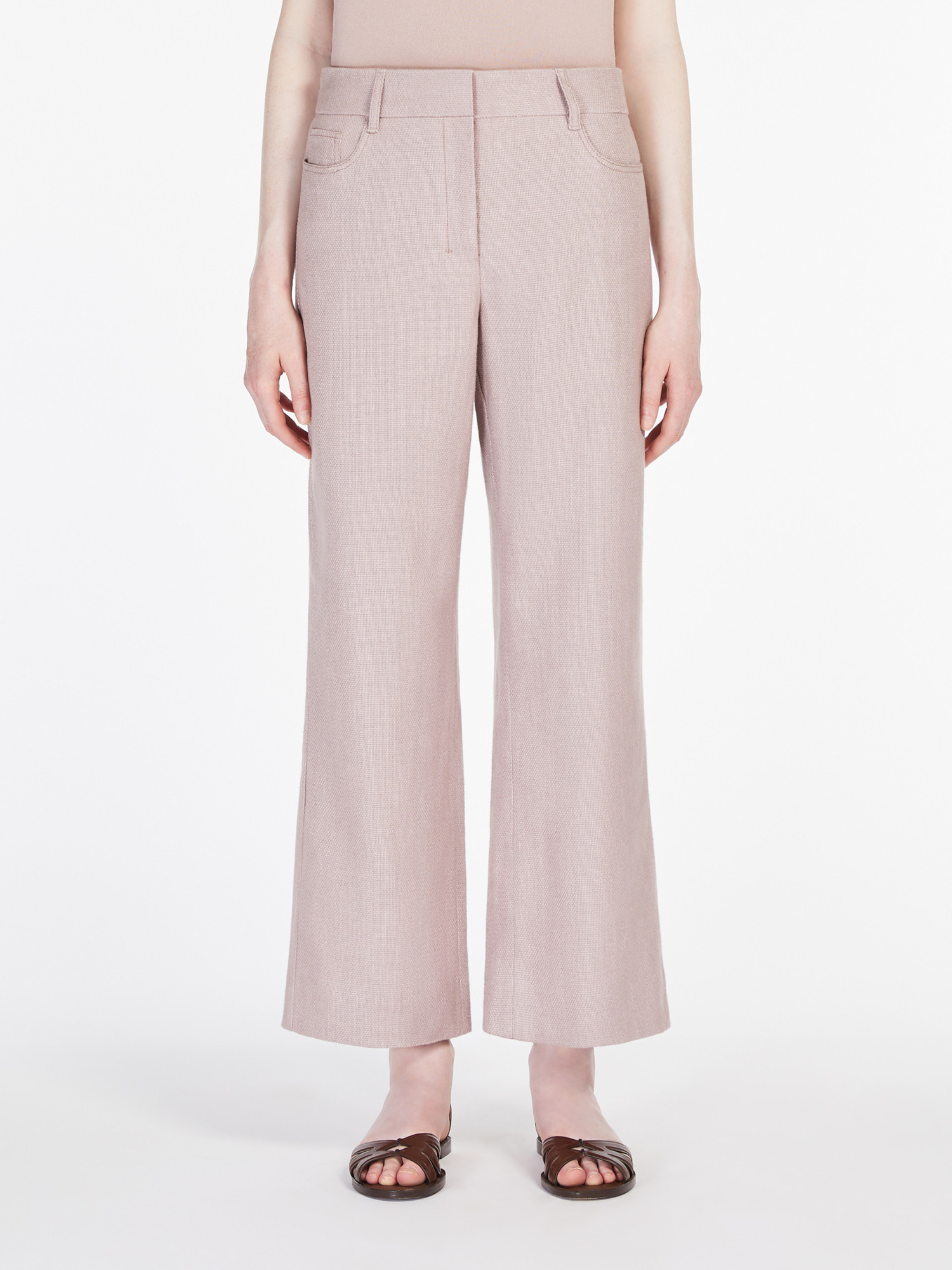Max Mara Wide-leg Pants In Linen And Cotton Basketweave Fabric In Pink