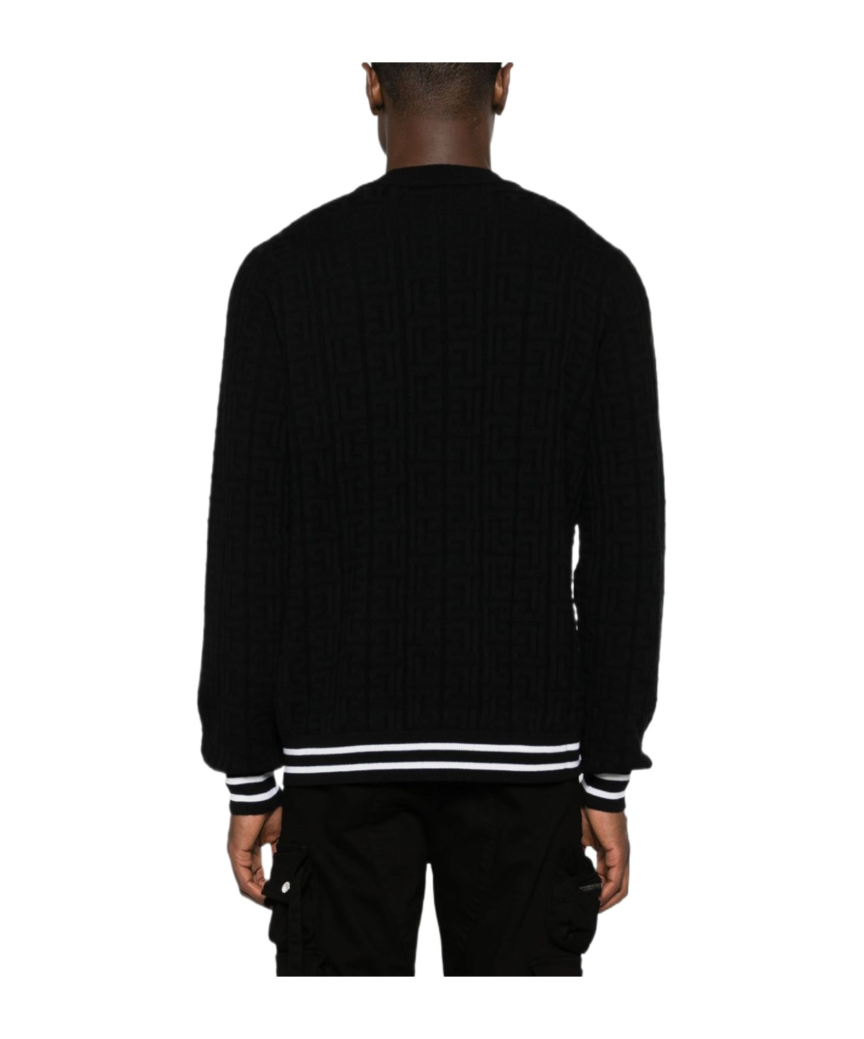 Balmain Merino Wool Sweater With Stripe Detail And Jacquard Pattern In Black
