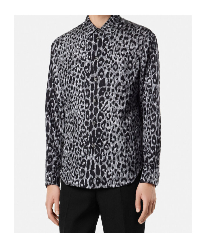 Versace Leopard-print Silk Shirt In Blue
