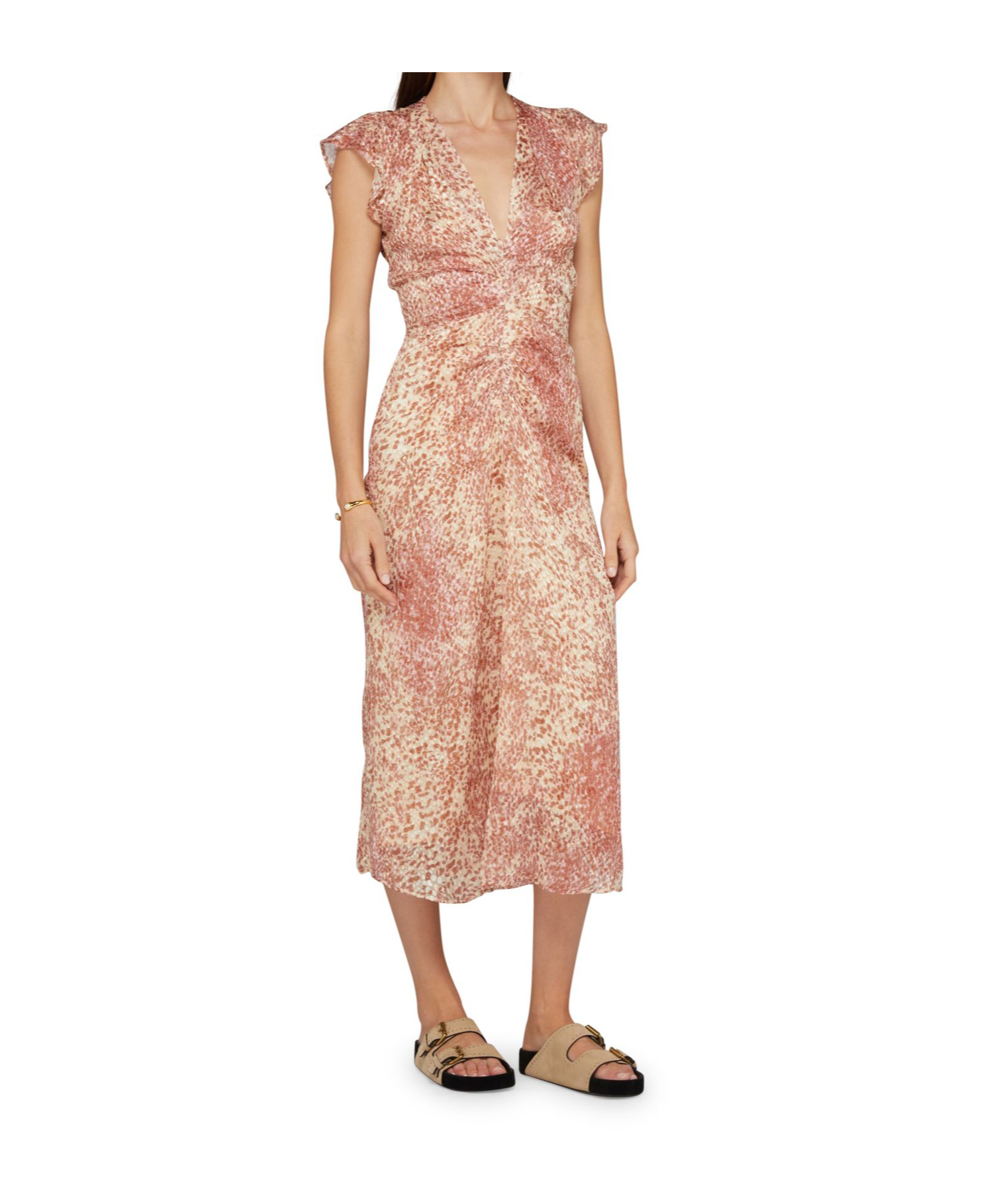 Isabel Marant Lyndsay Spotted Velvet Burnout Flutter-sleeve Midi Dress In Light Red/off-white