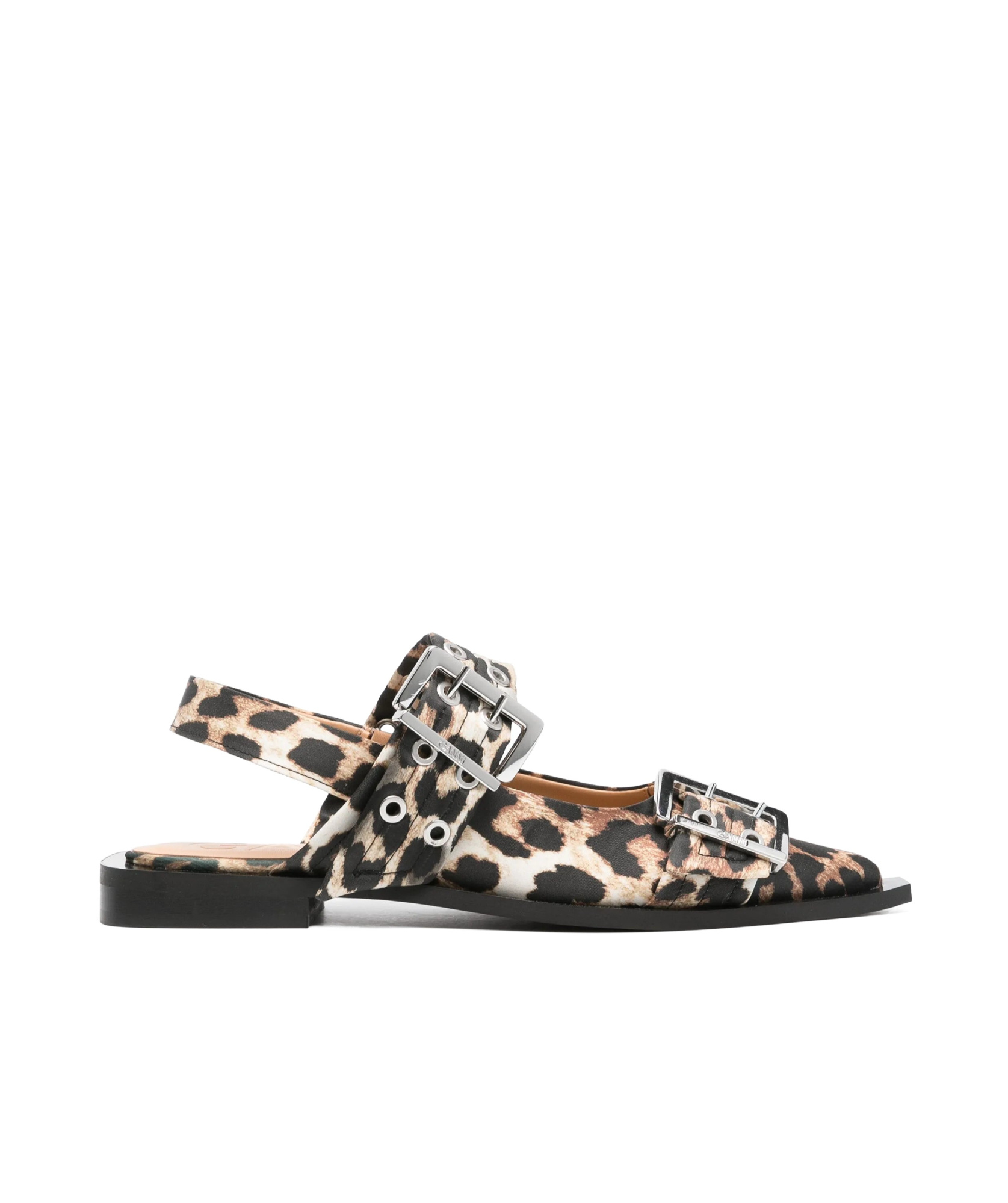 Ganni Leopard Satin Feminine Buckle Ballerinas In Black