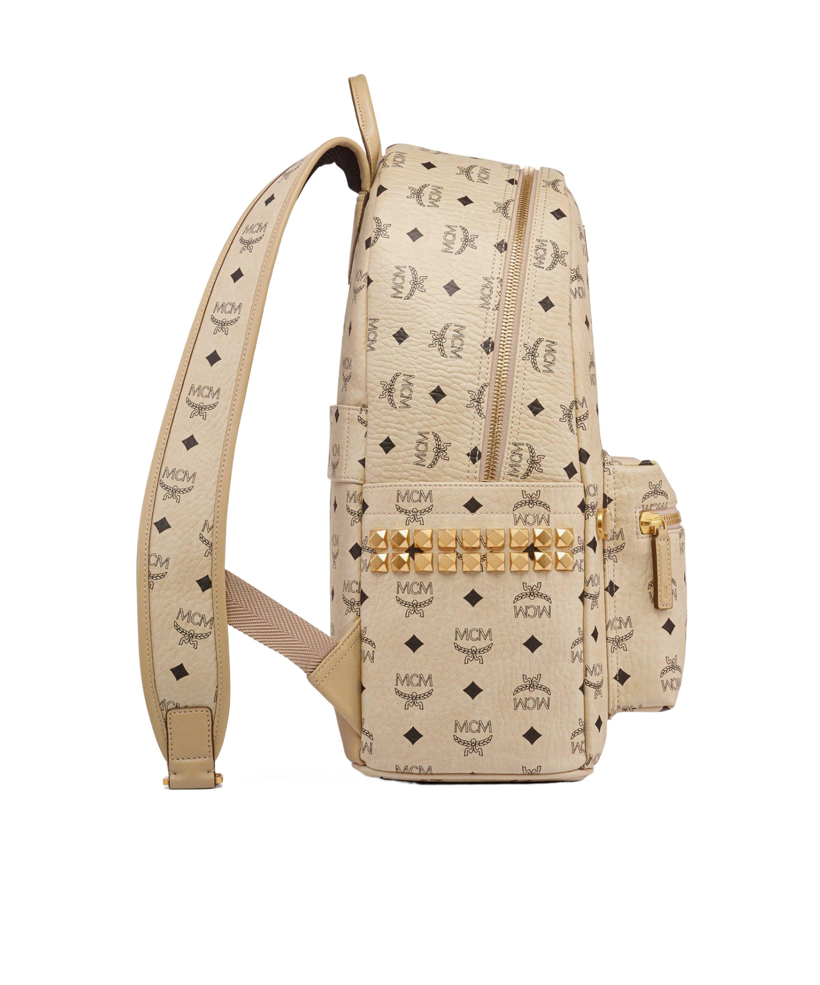 Mcm Stark Side Studs Backpack In Visetos In Sand