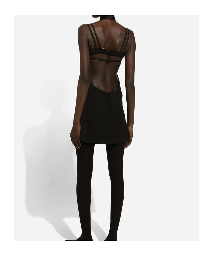 Dolce & Gabbana Black Mini Dress With Floral Detail In Wool Woman In Black