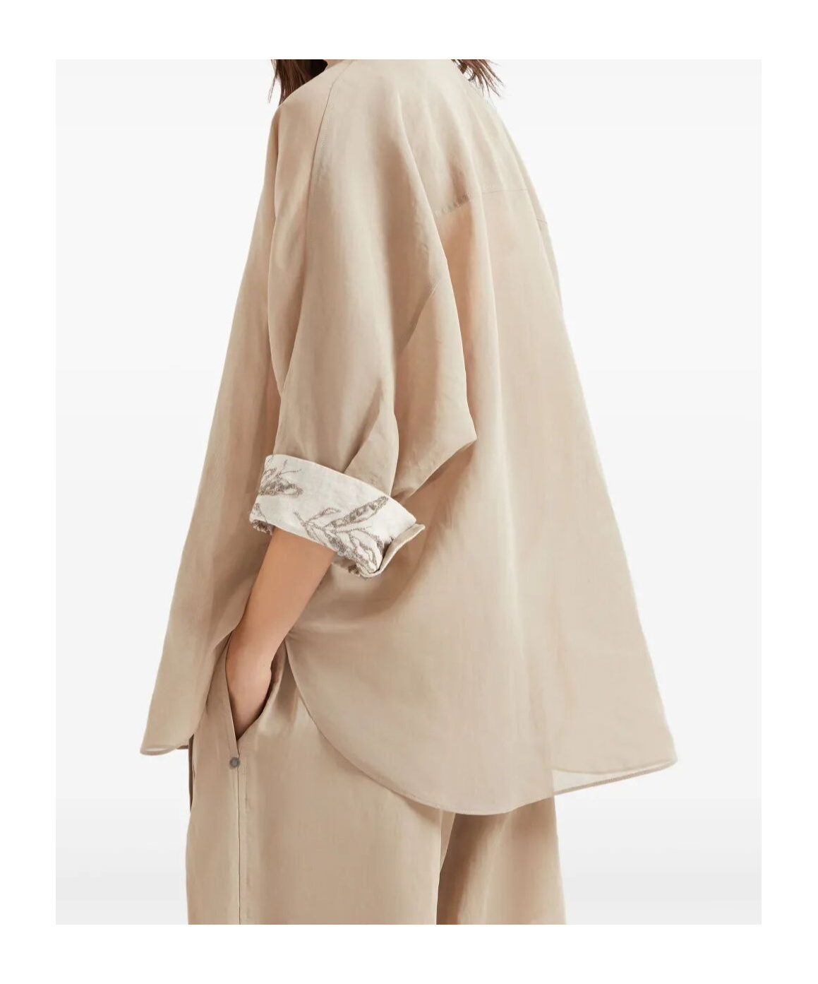 Brunello Cucinelli Women Cotton Organza Shirt With Glistening Flora Embroidery In Nude