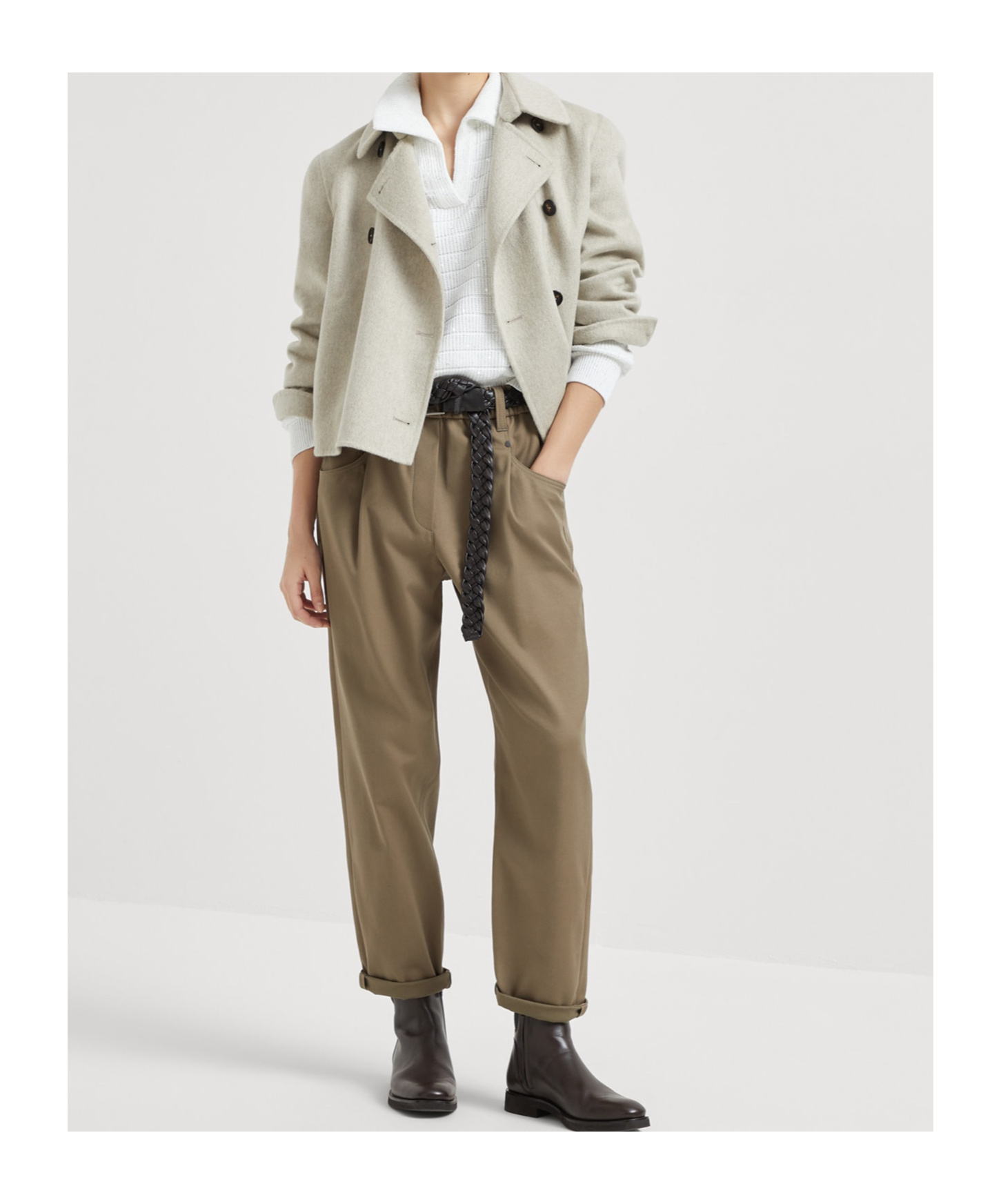 Brunello Cucinelli Lapel Long Sleeve Sweater In White