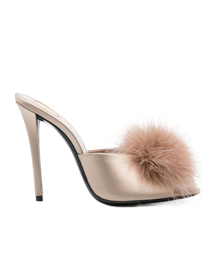 Saint Laurent Goldie Feather-trimmed Satin Mules In Nude