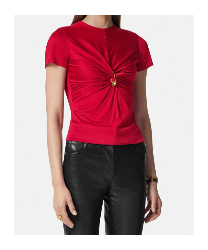 Versace Safety Pin Gathered Short-sleeved Top In Red