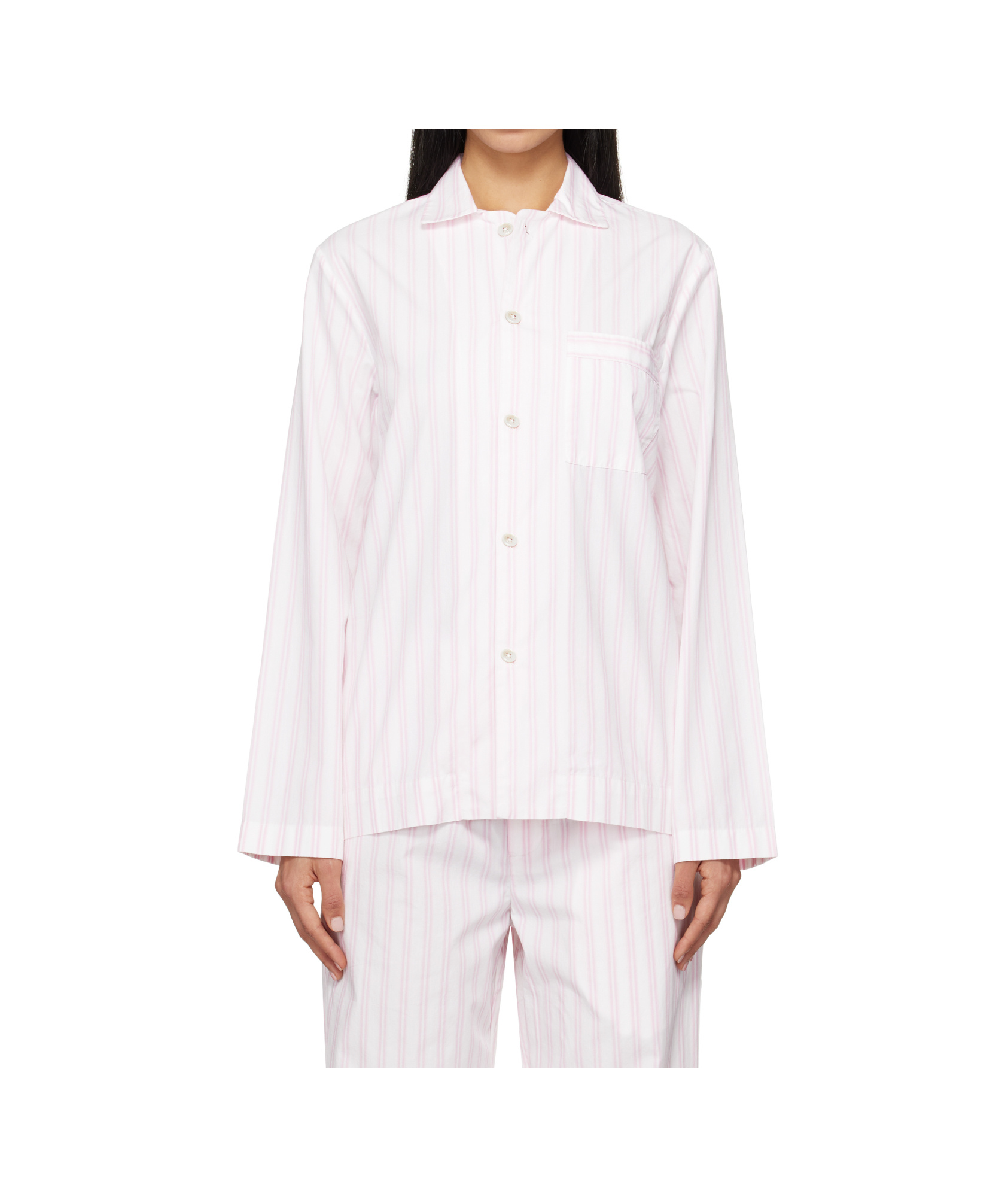 Tekla White & Pink Poplin Long-sleeved Pyjama Shirt In White/pink