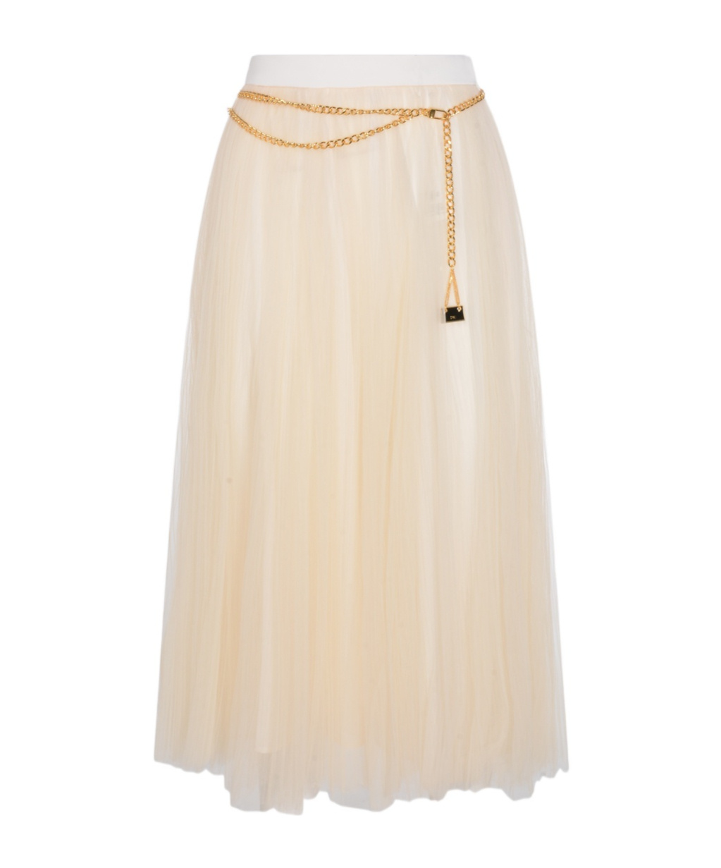 Elisabetta Franchi Midi Skirt With Pleats And Chain Detail In Neutral