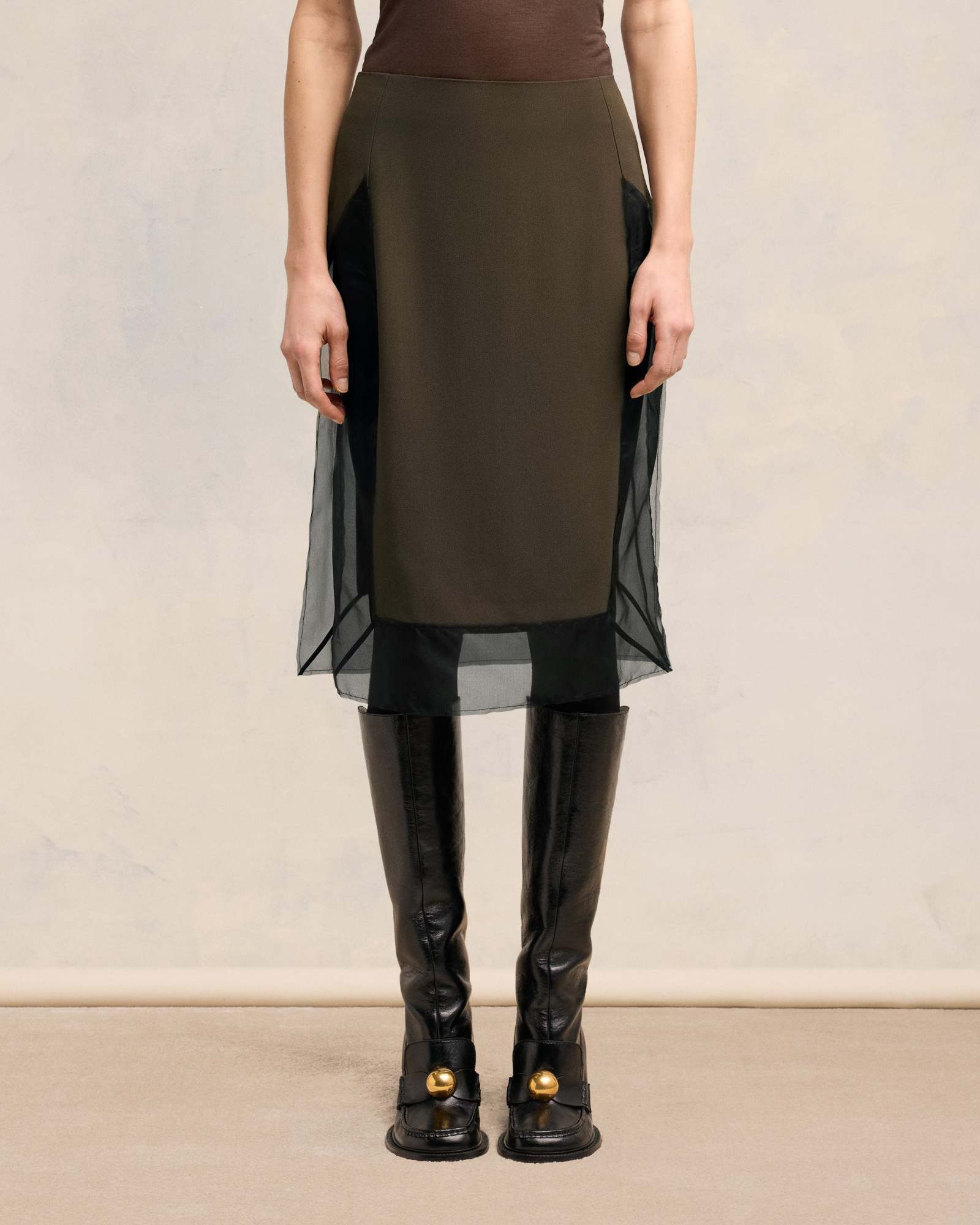 Ami Alexandre Mattiussi Tulle-panel Straight Skirt In Green