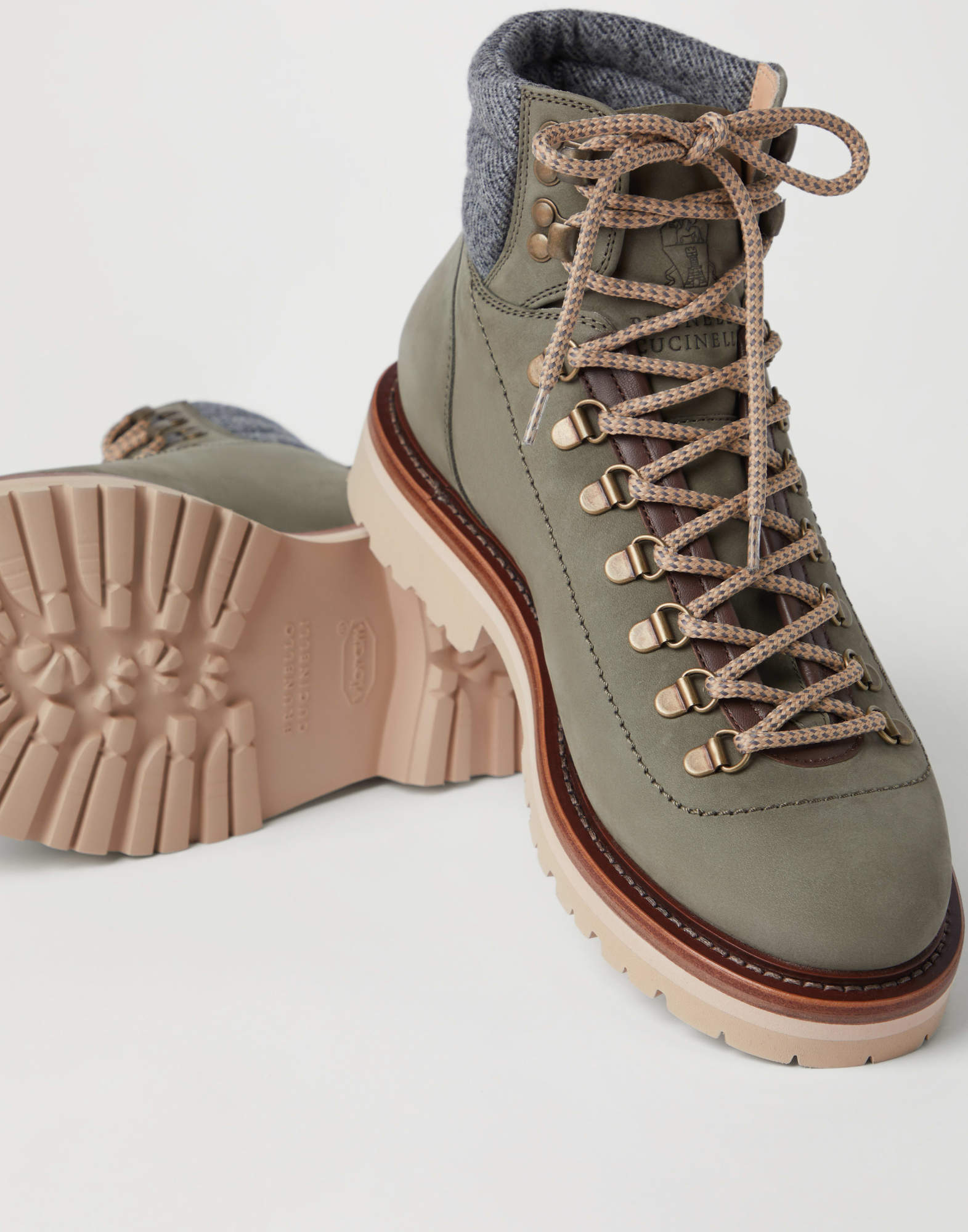Brunello Cucinelli Calfskin Wool-trim Mountain Boots In Multicolor