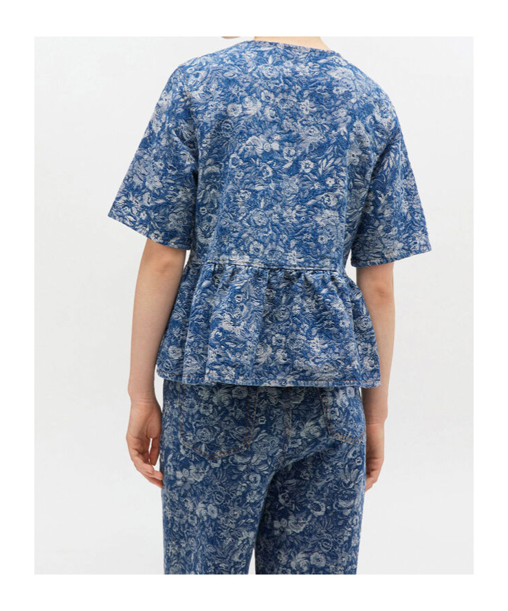 Ganni Blue Tapestry Peplum Blouse In Blue