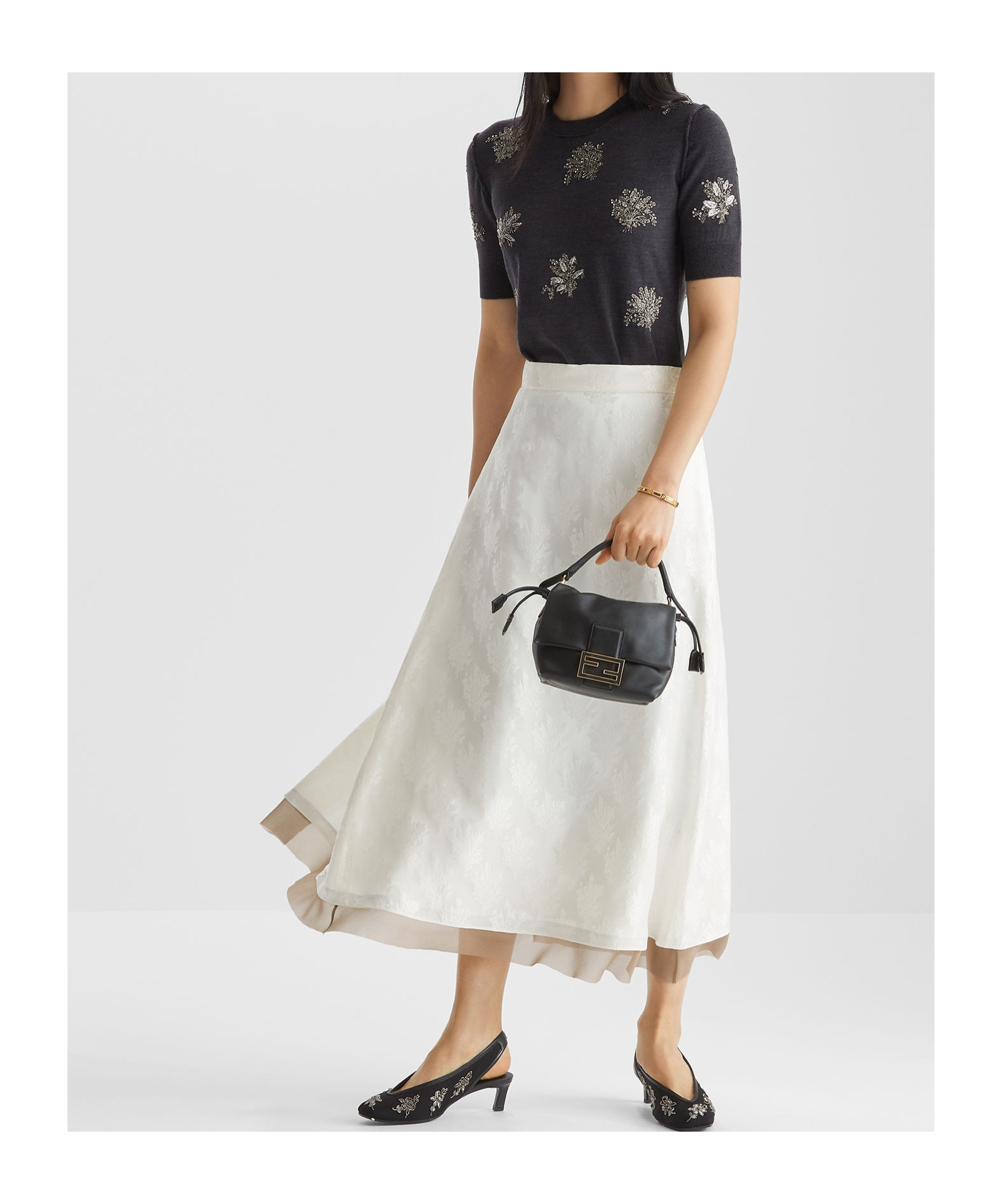 Fendi Wool Dress With Embroidered Ribbed Hem And Short Sleeves In Black
