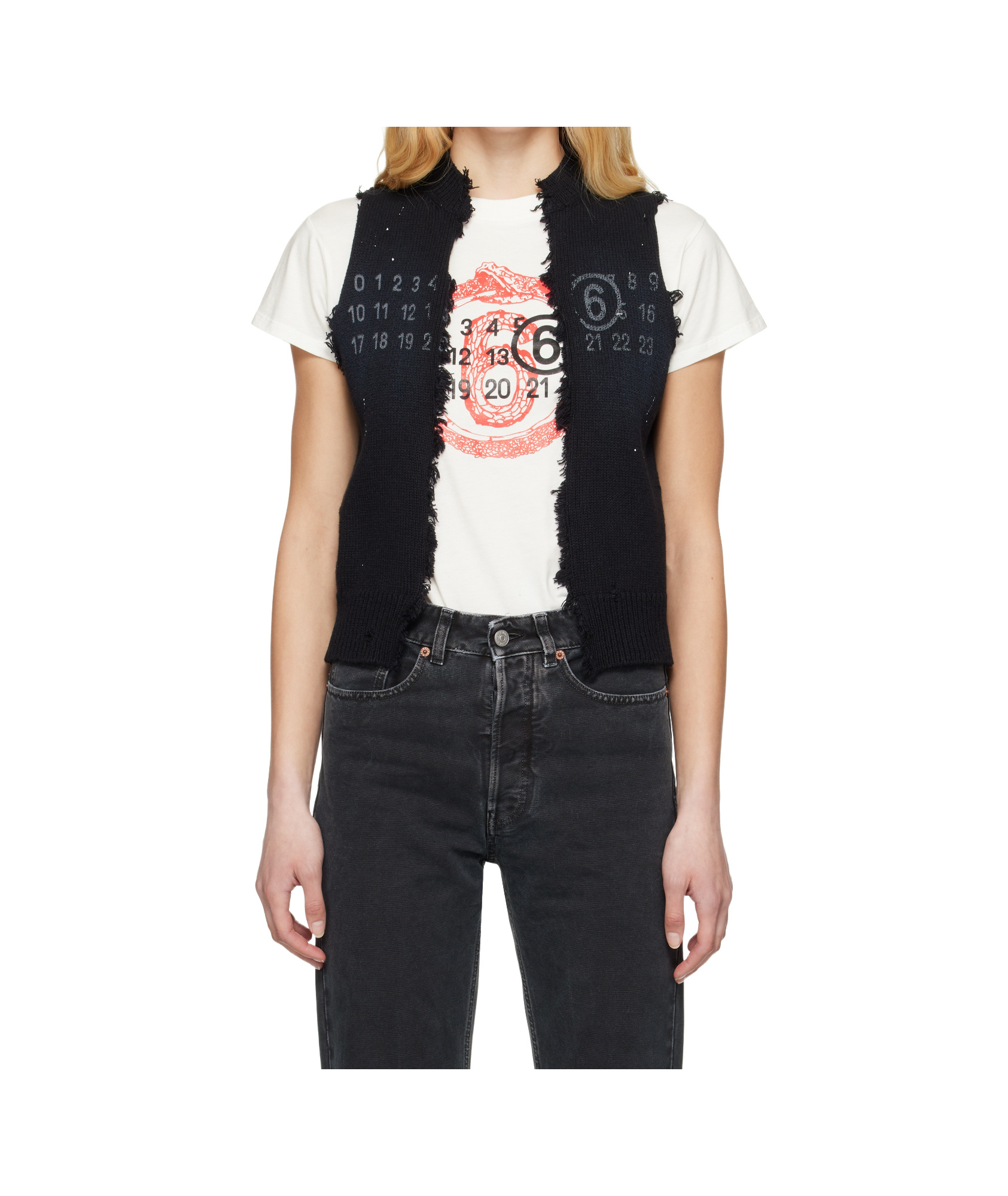 Mm6 Maison Margiela Black Open Cut Printed Vest In Black