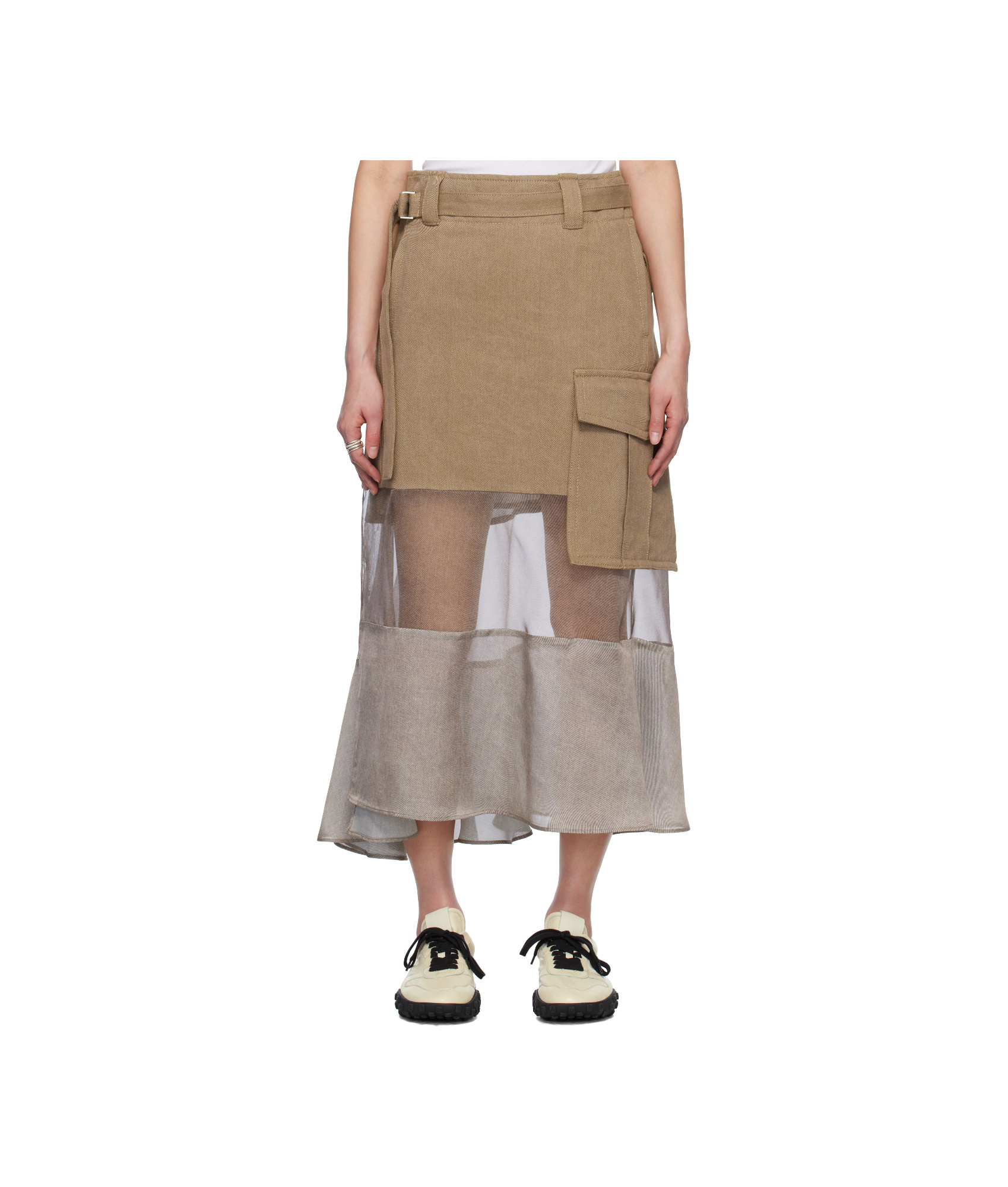 Sacai Womens Beige Contrast-panel Asymmetric-hem Denim Midi Skirt In Brown