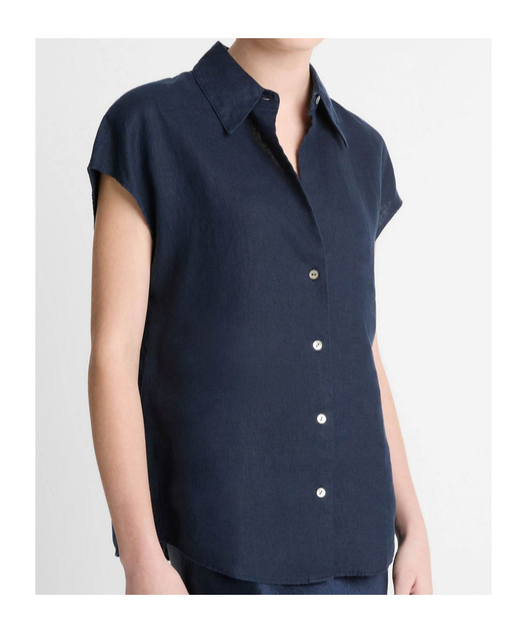 Vince Cap-sleeve Linen Button-front Blouse In Coastal Blue
