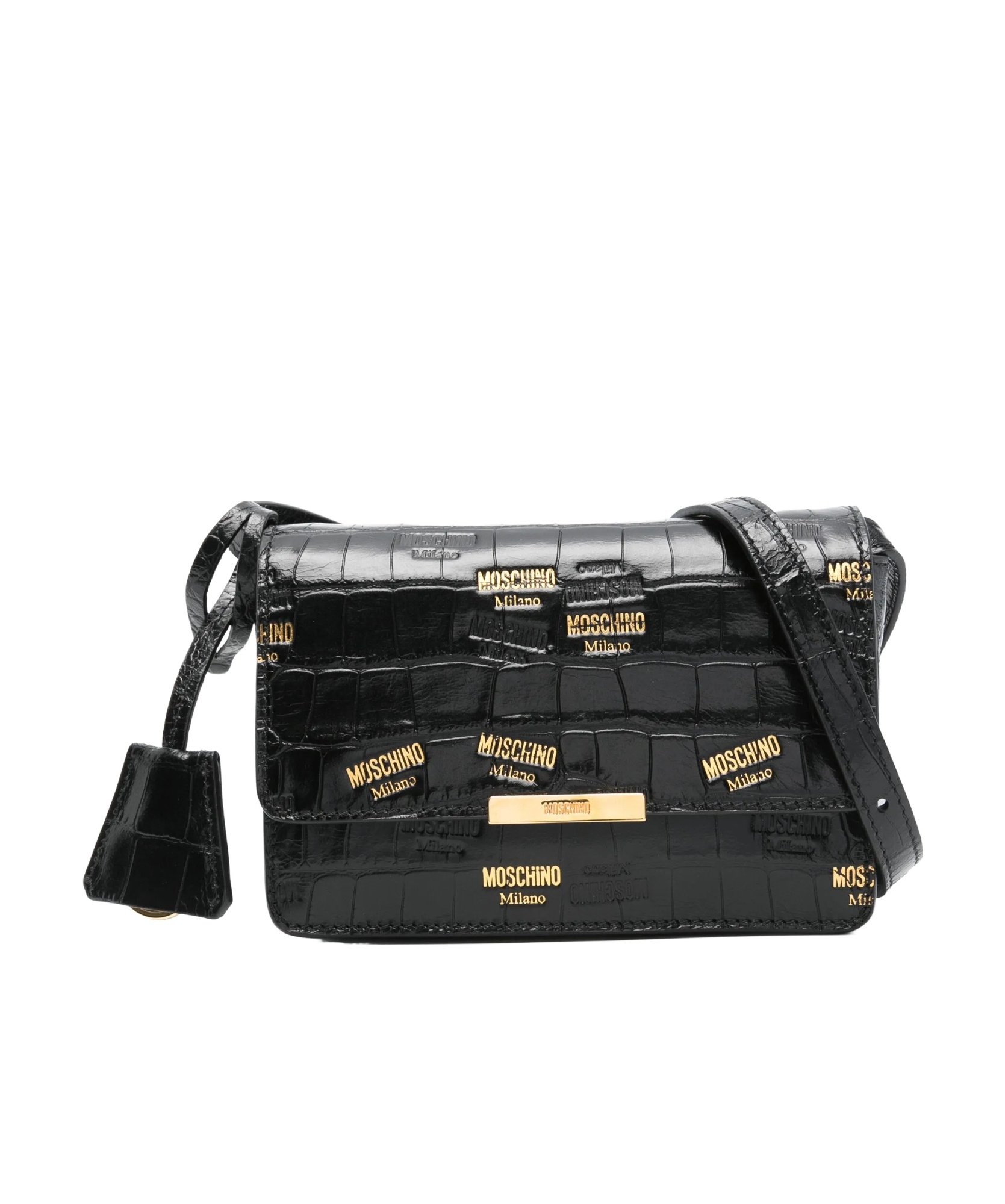 Moschino Crocodile Print Shoulder Bag In Black