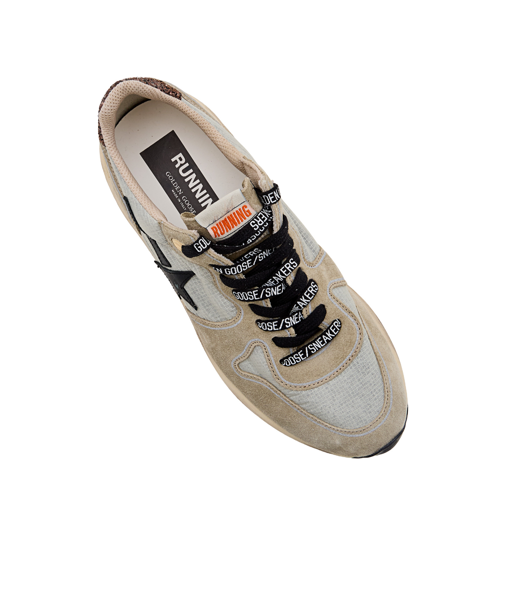 GOLDEN GOOSE WOMENS RUNNING SOLE IN GRAY NYLON WITH BLACK STAR AND GLITTER HEEL TAB
