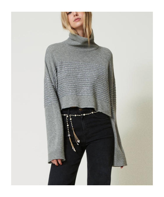 Shop Twinset Sequined-stripes Roll-neck Jumper In Gray