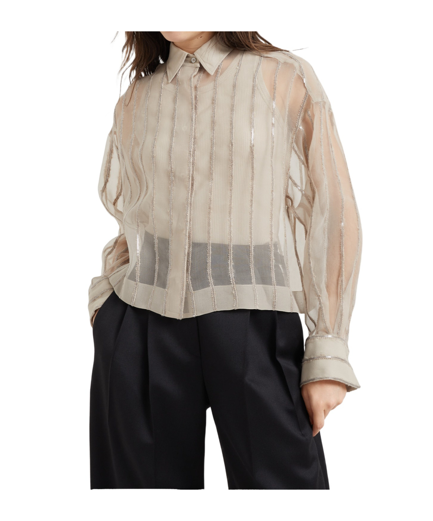 Brunello Cucinelli Striped Silk Shirt In Beige